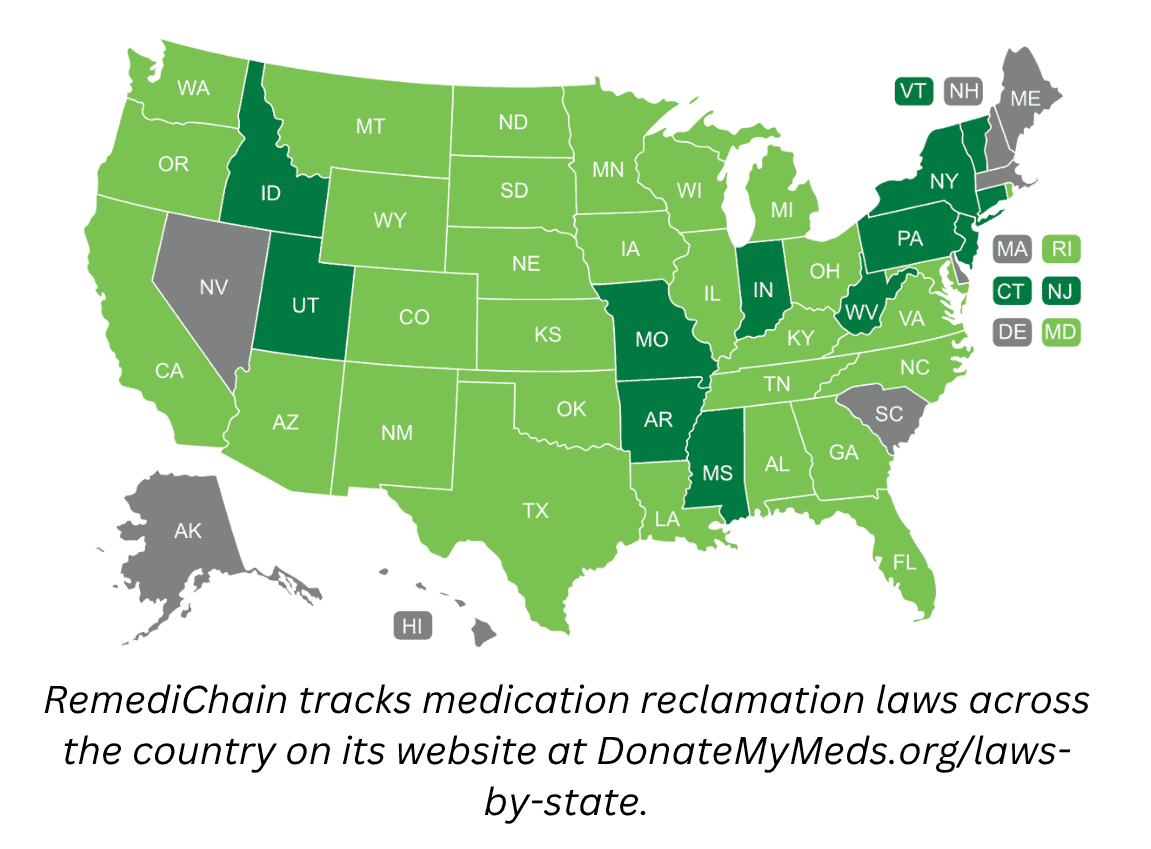 Map showing medication reclamation laws by state in the United States